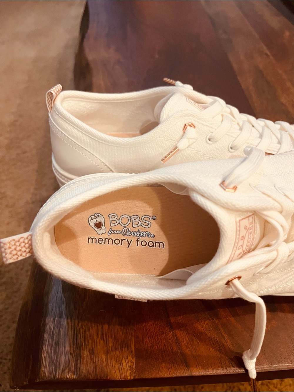 BOBS from Skechers Women’s White Sneakers with Rose Gold Accents